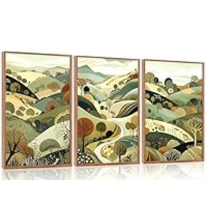 Aurlan Abstract Mountain Landscape Wall Art Set(16”x24”), 3 Pieces Green Forest Nature Framed Canvas Artwork, Large Boho Minimalist Watercolor Scenery Wall Decor for Office Bedroom Living Room