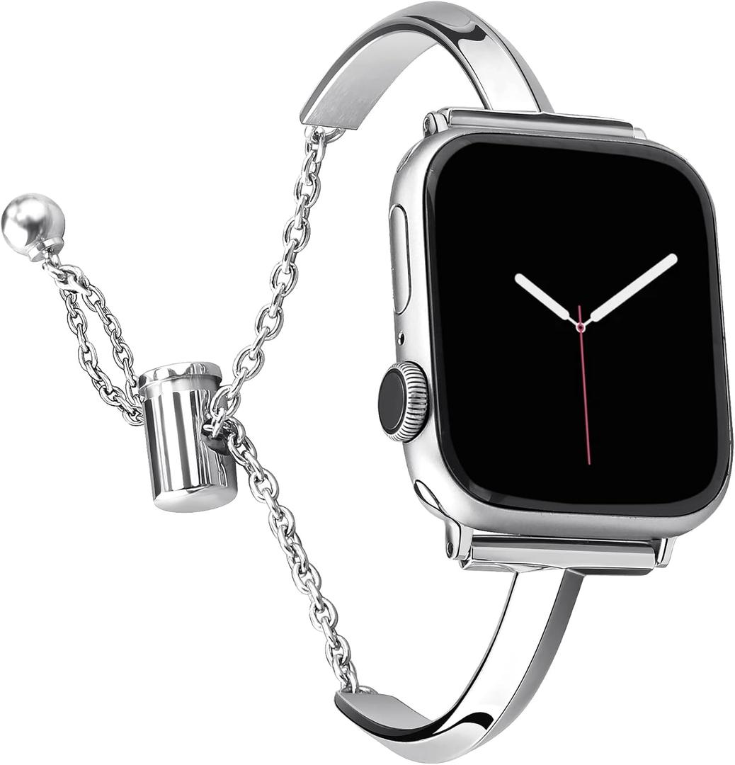 PlusRoc Stainless Steel Band Compatible with Apple Watch Band 38mm 40mm 41mm 42mm 44mm 45mm 46mm 49mm iWatch SE Series 10 9 8 7 6 5 4 3 2 1, Slim Versatile Bangle Bracelet for Women (Silver)