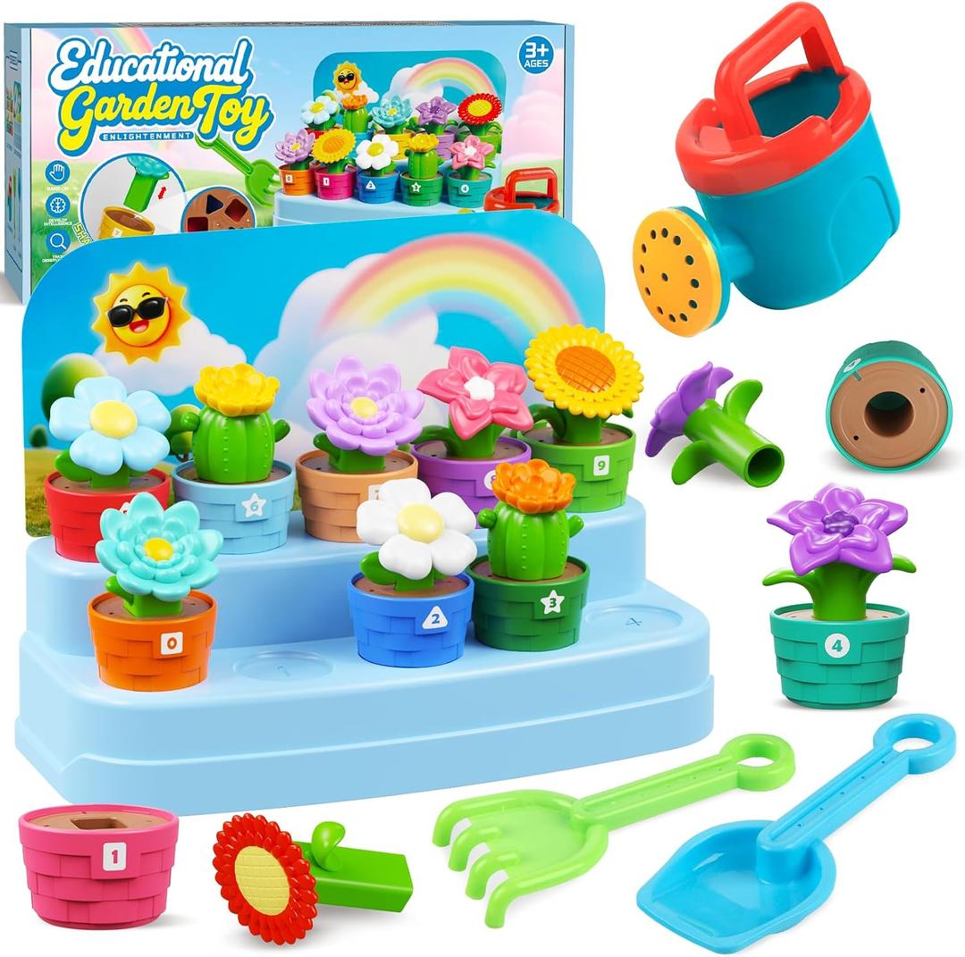 Marlrin Montessori Flower Garden Building Toy for Toddlers, Gardening Set with Watering Can, Shovel, Rake, Shape & Color Sensory Toys, Toddler Summer Outdoor Toys,Preschool Gift for Baby Girls Boys