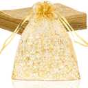 Staruby Organza Gift Bags 50 Pcs Gold Sheer Organza Bag 6x8 Inch Mesh Favor Bags Drawstring Jewelry Rattan Printed Gift Pouches for Wedding Party Favors Couple Shower Christmas Gifts Candy Bags