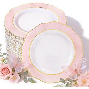 WDF 60pcs Pink Dessert Plates - 7.5inch Baroque Pink and White Disposable Dessert Cute Cake Plates for Upscale Parties &Wedding-Special for Baby Shower, Brithday, Mother's Day