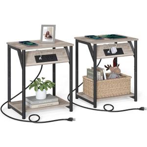 VASAGLE End Table with Charging Station, Set of 2, Small Side Tables for Living Room, Bedroom, Nightstand with Outlets and USB Ports, Bedside Table with Storage Shelf, Heather Greige and Black