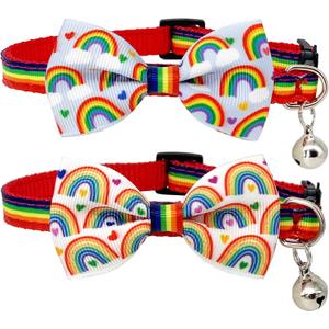 Casidoxi 2 Pcs Rainbow Cat Collar Breakaway with Bell, Pride Cat Bow Tie Collars for LGBT Pride Month Cats Puppy Pride Apparel
