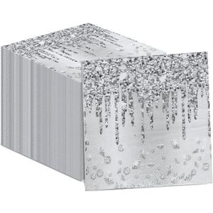 100PCS Silver Party Paper Napkins Happy Birthday Supplies Glitter Decorations Silver Diamond Theme Disposable Paper Lunch Napkins for Adults Kids Birthday Wedding Bridal Shower Favors