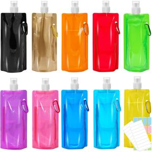 Smilixin 10 Pack Collapsible Water Bottles,Reusable Drinking Water Bags with Carabiner Clip,480ml Travel Water Bottle,Leak Proof Water Bottles for Camping,Hiking Travel,Gym,Sports,Biking,BPA Free