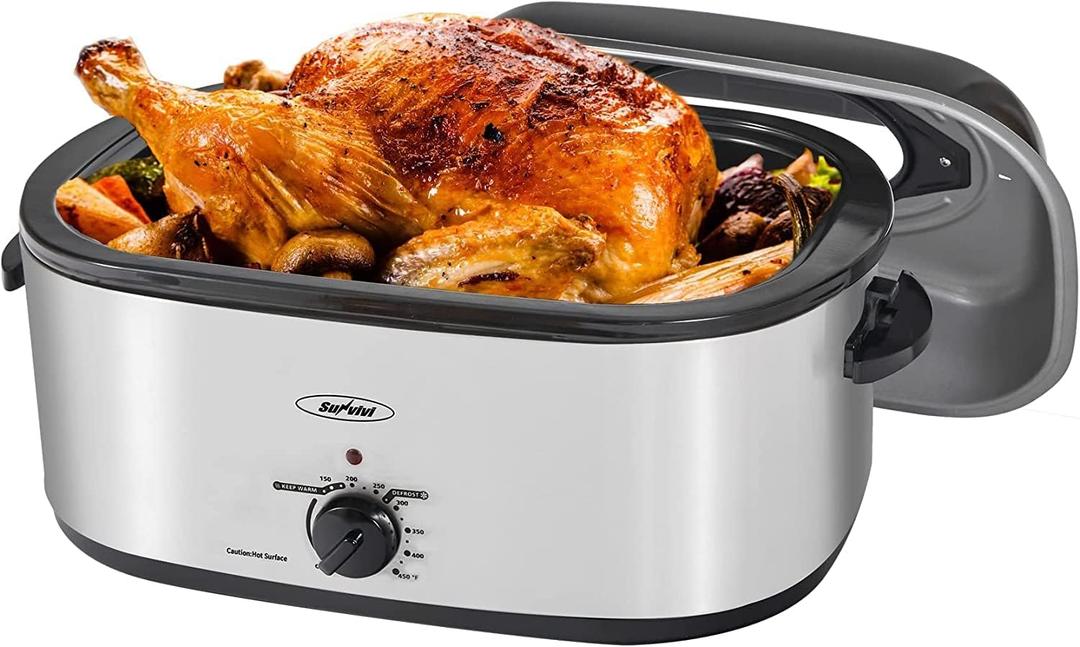 Sunvivi Roaster Oven, Electric Roaster Oven with Viewing Lid, 30lb 26-Quart Turkey Roaster with Unique Defrost/Warm Function, Large Roaster with Removable Pan & Rack, Stainless Steel, Silver, 26qt