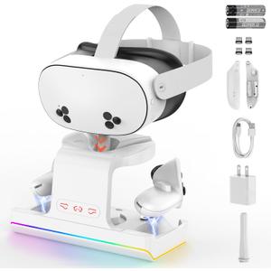 GEEKERA Charging Dock for Meta Quest 3S/Oculus Quest 3S, VR Headset & Controllers Charging Stand with RGB LED Light [On/Off], VR Accessories with 2 Rechargeable Batteries, 2-in-1 Fast Charging Station (White)