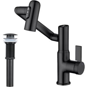 Lefton Rotatable Bathroom Faucet BF2204 with Pop-up Bathroom Sink Drain Stopper Without Overflow D01 (Contemporary, Matte Black)