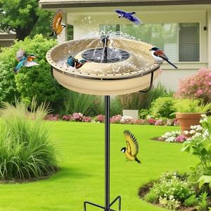 15.7 Extra Large Solar Powered Bird Bath with Fountain with 1.67 Gallon Capacity,5 Prong Stake Bird Bath for Outdoor,Hummingbird Drinking Bowl with Solar Fountain Pump Set,4 Water Patterns for Garden