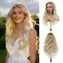 GUOJIAN Long Wave Wig 26inch Ombre Ash Blonde 13x5x1 HD Lace Front Synthetic Wavy Wigs For Women Heat Resistant Curly Wig for Cosplay Halloween Daily Use