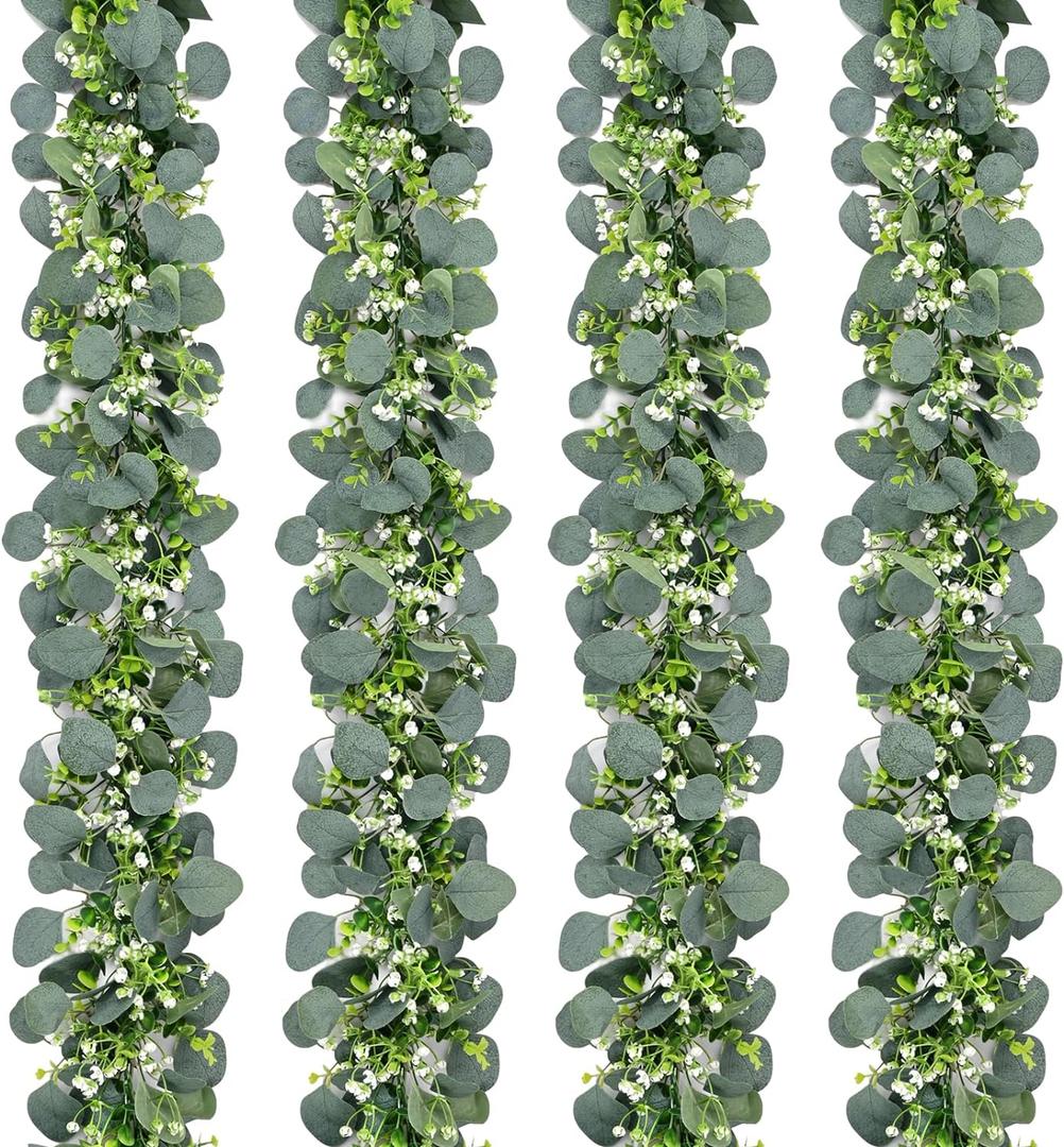 Waipfaru 4Pcs Eucalyptus Garland, 5.9FT Greenery Garland, Green Garland with Flowers, Artificial Faux Silver Dollar Eucalyptus Leaves Vines for Table Home Wedding Mantle Party Indoor Outdoor Decor