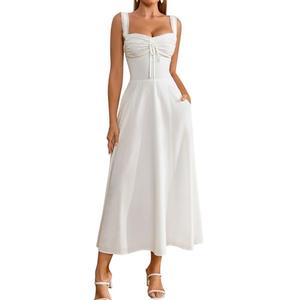 KUTUMAI Floral Corset Midi Dresses for Women 2026 Lace Up Flowy Summer Wedding Guest Dress with Pockets White L