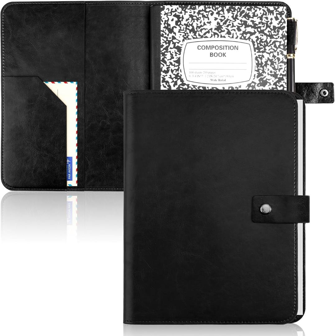 PU Leather Composition Notebook Cover 9 3/4 X 7 1/2 in With Composition Book 100 Sheets Vintage Rustic Distressed PU Leather Journal Notebook Cover Portfolio For School Office Home (Black)
