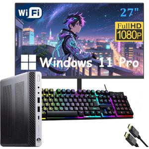 HP Elitedesk 800 G3 Mini PC Desktop with 27" FHD Computer Monitor, Windows 11 Pro, Core i7-7700T 2.9GHz, Up to 3.8GHz, 8GB RAM, 256GB SSD, Keyboard, Mouse, USB WiFi