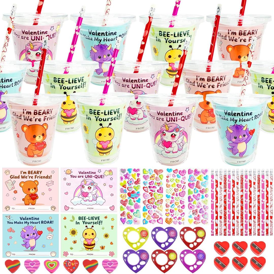24 Pack Valentines Day Gifts for Kids Classroom Stationery Set with Cards Cups Pencils Stickers Erasers Rulers and Sharpeners for Kids Valentine's Day Classroom Exchange and School Party Favors
