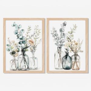 Framed Boho Eucalyptus Wall Art 2Pcs,Sage Green Plant and Flower in Glass Vase Canvas Prints, Minimalist Botanical Painting Picture, Nature Poster Artwork for Living Room,Bathroom, Kitchen Wall Decor 16X20IN