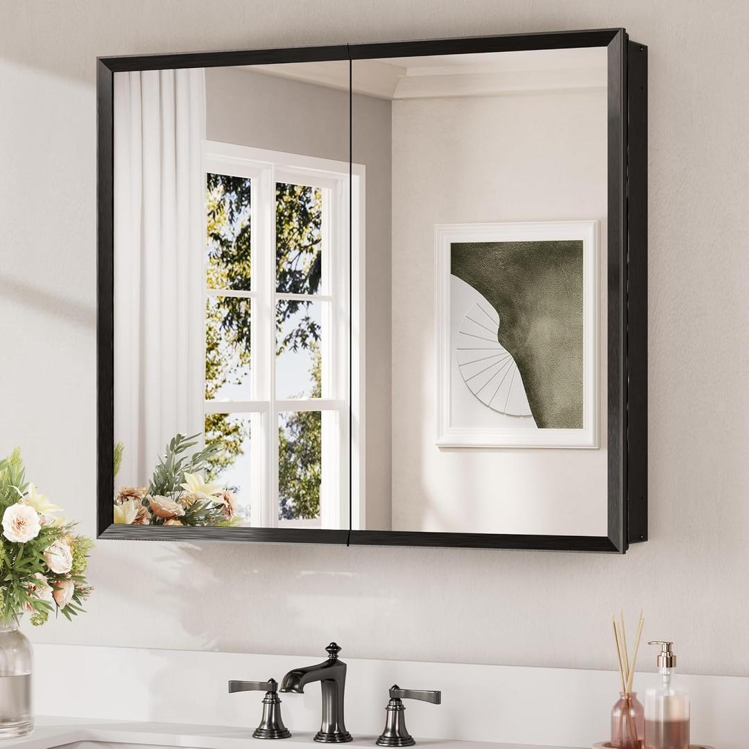 Keonjinn Black Bathroom Medicine Cabinet with Mirror 30x26, Assembly Needed
