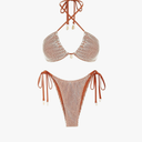ZAFUL Women's Bikini Set Fishnet Triangle Tie Convertible Collar Halter Bandeau Shell Two Piece Bathing Suit, Size Smal