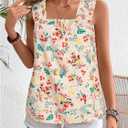 SweatyRocks Women's Sleeveless Square Neck Floral Print Ruffled Ruched Wide Strap Tank Top Blouse (M)