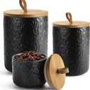 Canisters Set for Kitchen Food Storag of 3 Piece, Airtight Kitchen Canisters for Countertop, Modern Ceramic Jar with Top Handle & Wooden Lid for Coffee Tea Sugar Flour Cookie(Black)