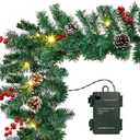 10FT Christmas Garland with 50 LED Lights - Pre-lit Outdoor Xmas Garland - Battery Powered Waterproof String Light with Timer - Pine Garland with Red Berries Snow Pine Cones - 10 Foot by 10 Inch (1pc, Traditional Green+led)