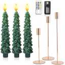 Honoson 3 Sets Flameless Christmas Tree Taper Candles with Holders Remote Control, LED Taper Candles Battery Operated Flickering Candlesticks for Holiday Window Fireplace Decor(Gold)