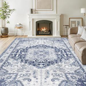Washable 5x7 Area Rug - Soft Indoor Blue Non Slip Rugs for Living Room Bedroom Low Pile Stain Resistant Vintage Carpet for Home Decor Mat (Navy/Blue,5'x7')
