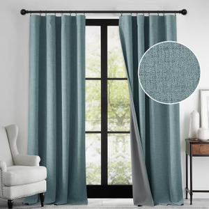 RYB HOME 100% Blackout Linen Textured Curtains 96 inches Long, Thermal Insulating Privacy Energy Saving for Bedroom Living Room Window Office Theater Baby Nursery, W 52 x L 96 in, Misty Blue, 2 Pcs