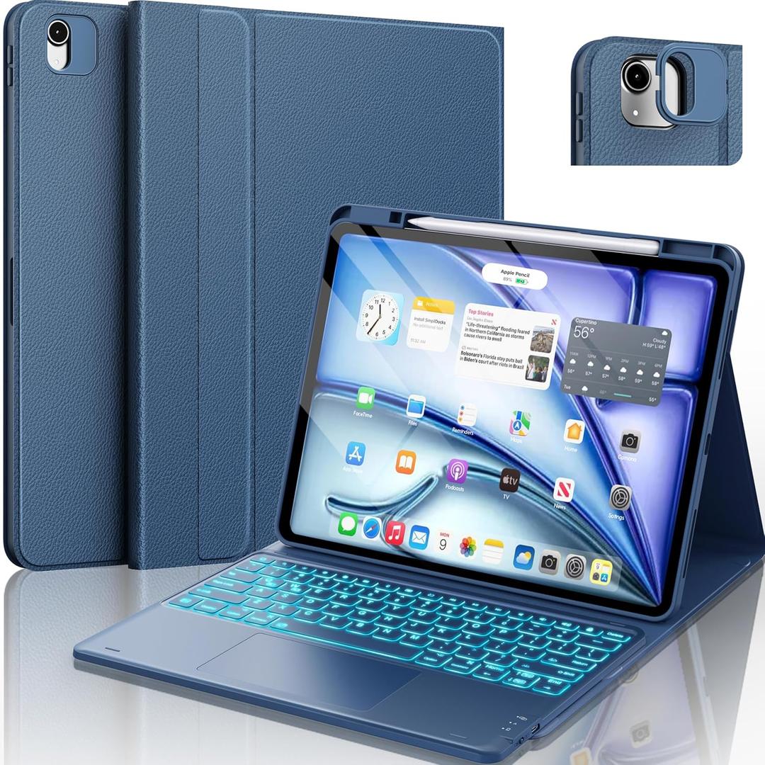 CHESONA for iPad Air 13 Inch (M4 2026/M3 2025/M2 2024) & Pro 12.9 Inch(6th/5th/4th/3rd) Case with Keyboard - Multi-Touch Trackpad, Stain Proof Case, Detachable Keyboard with 7 Colors Backlit,Navy Blue