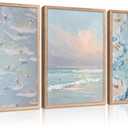 Framed Blue Ocean Wall Art Coastal Surf Poster Beach Vacation Picture Wall Decor Abstract Beach People Surfing Painting Seashore Canvas Print Artwork for Living Room Bedroom Apartment Decoration