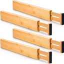 Utoplike 4 pcs Bamboo Kitchen Drawer Dividers Large, Adjustable Drawer Organizers, Spring Loaded, Expandable Organization Works in Kitchen, Dresser, Bathroom, Bedroom, Drawer, Desk