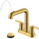 KENES Pull Down Bathroom Faucet with Sprayer, Brushed Gold 4 Inch 2 Handle Centerset Bathroom Faucet 3 Hole with Pull Out Sprayer, Vanity Faucet with Pop Up Drain & Supply Lines LJ-9059A-4