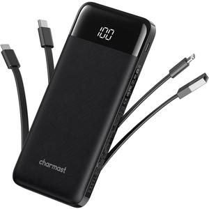 Portable Charger with Built in Cables, Power Bank with Cords Wires, Slim 10000mAh Travel Battery Pack 6 Outputs 3 Inputs 3A Fast Charging for Samsung Google Pixel LG Moto iPhone iPad
