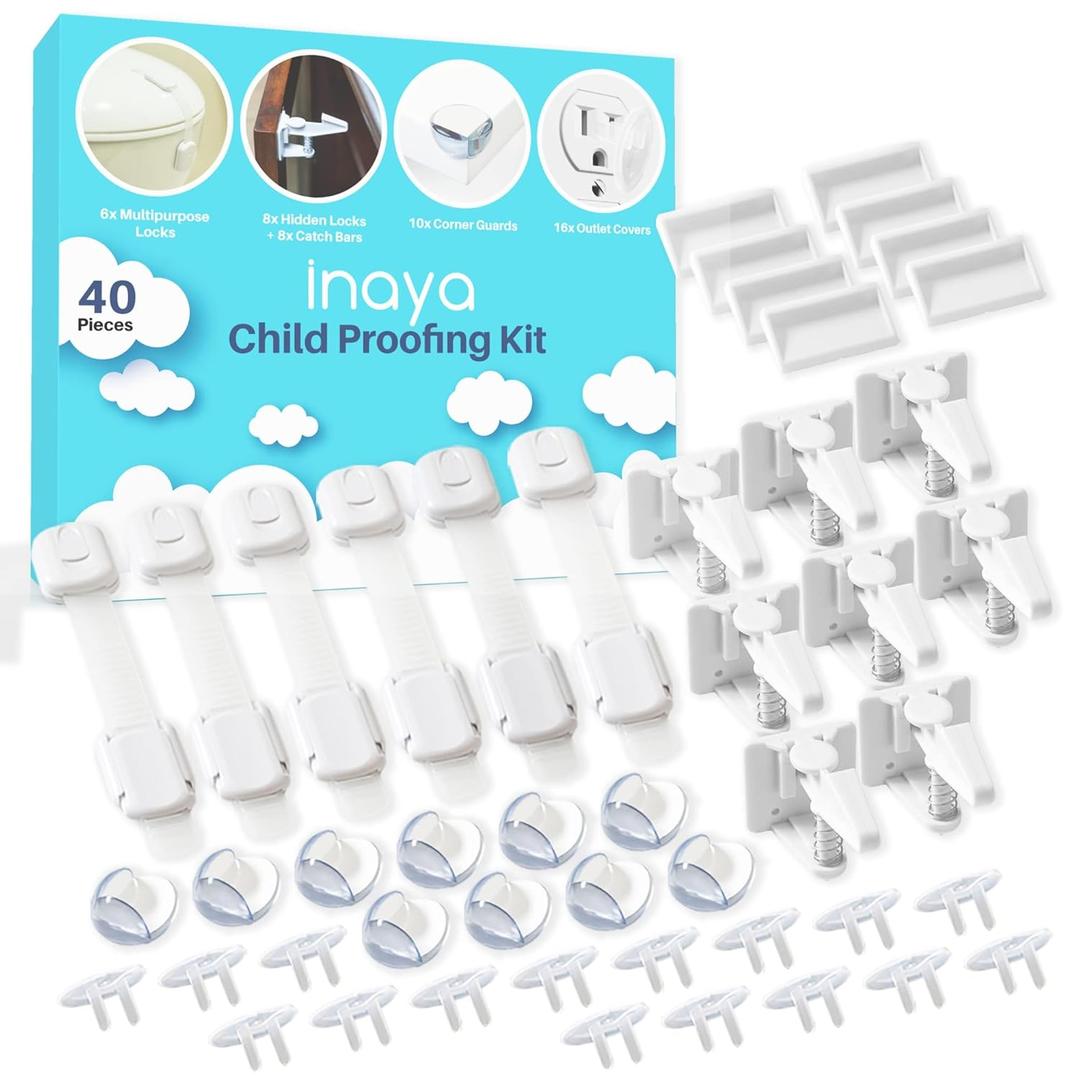 Inaya Complete Baby Proofing Kit - Child Safety Hidden Locks for Cabinets & Drawers, Adjustable Safety Latches, Corner Guards and Outlet Covers - Baby Proof Pack to Keep Your Child Safe at Home (40 Piece Set)