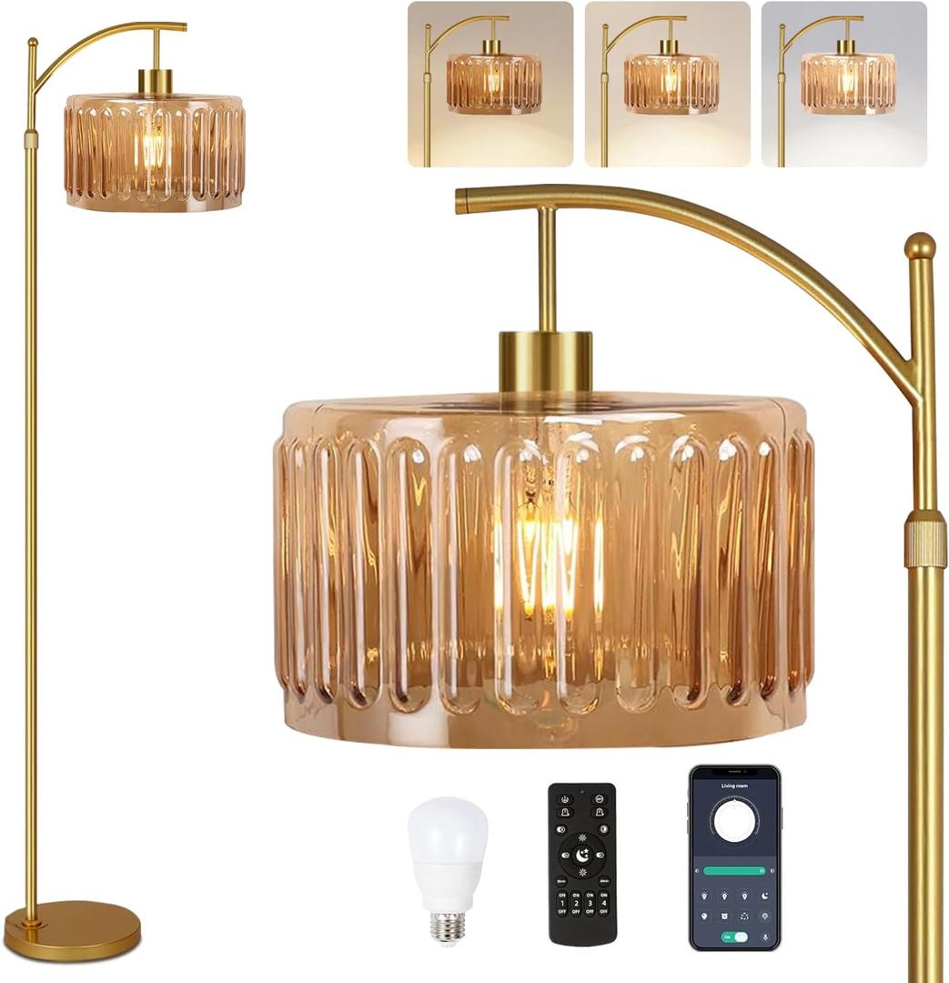 ILLMTW Glass Floor Lamp for Living Room,Bedroom,Gold Mid Century Modern Standing Lamp with Remote,Dimmable Brass Tall Lamp Amber Flower Lamp Vintage Floor Lamps Arc Floor Light Boho Bohemian