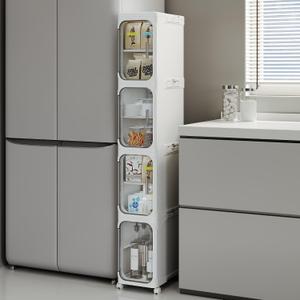 4-Tier Tall Narrow Storage Cabinet, Slim Bathroom Storage Cabinet with Adjustable Shelves and Wheels, Narrow Organizer for Small Space, Bathroom, Kitchen, Laundry, White