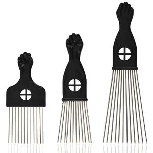 3-Piece Stainless Steel Afro Hair Pick Set, Fist Design for Men & Women, Perfect for Natural Curly Afro Hair, Essential Hairdressing Styling Tool