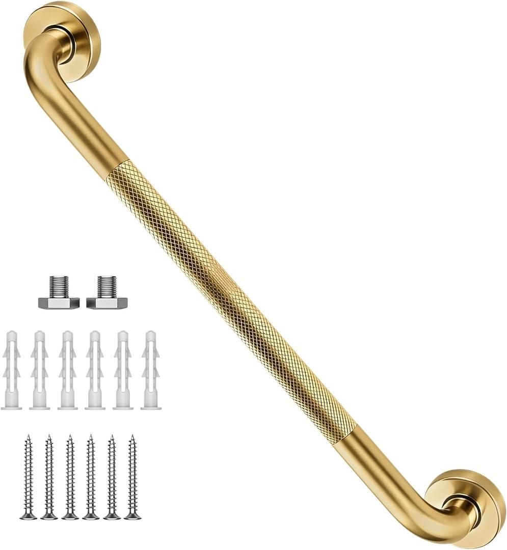 24 Inch Shower Grab Bar, Brushed Gold Anti Slip Safety Bars, 304 Stainless Steel Bathroom Handrail, Handicap Grab Bars for Wall, Shower Grip Handle for Seniors Elderly Injury Assist Bath (1.25" Dia)