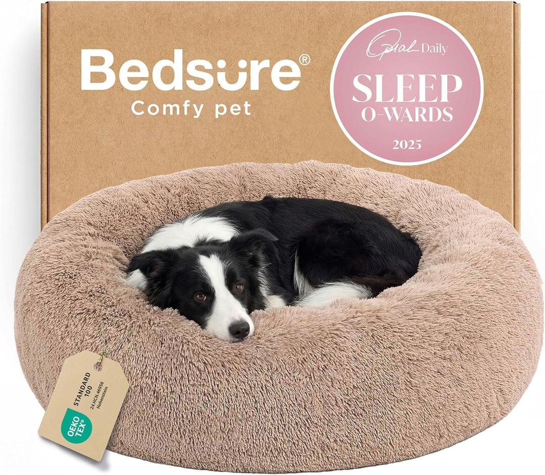 Bedsure Calming Dog Beds Large Sized Dog - Donut Washable Large Pet Bed, 36 inches Anti-Slip Round Fluffy Plush Faux Fur Dogs Bed, Fits up to 80 lbs Pets, Camel
