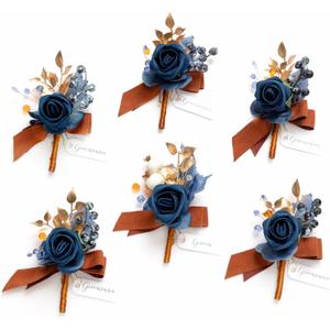 Ling's moment Boutonniere for Men, 6pcs Groom Groomsmen Boutonniere, Artificial Flowers for Wedding Decor/Prom/Homecoming, etc.Burnt Orange Navy Blue