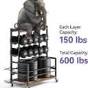 Dumbbell Rack with Wheels, 3-Tier Home Gym Storage Rack, Workout Equipment Organizer with Lockable Casters, Hooks, Side Basket and Wood Shelves