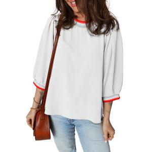 SHEWIN Womens Blouses Fall Fashion 2025 Crewneck Loose Fit Flowy Blouse Business Casual 3/4 Length Sleeve Women's Tops for Women Trendy White X-Large (XL)