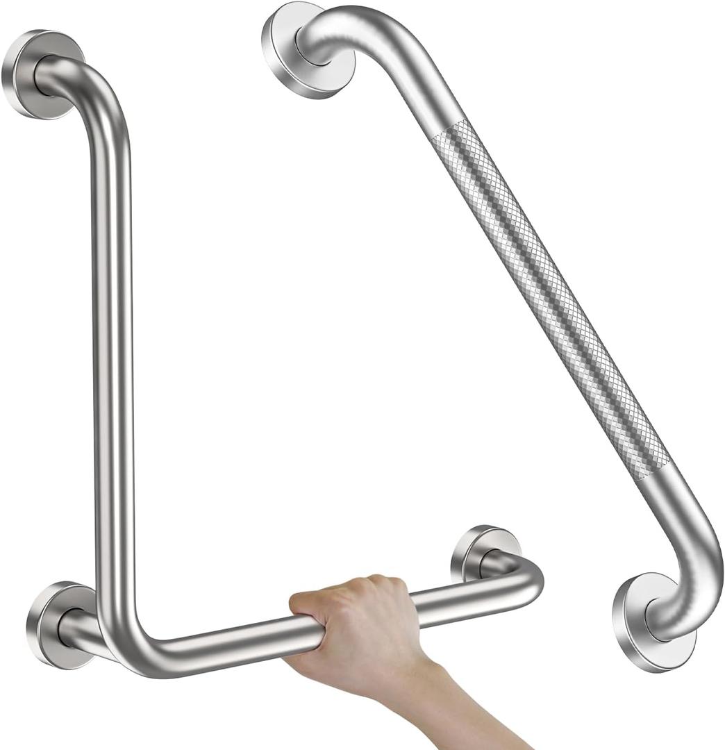 Brushed Nickel Angled Grab Bar 16 Inch, Zepolu Stainless Steel L-Shaped Safety Grab Rail, Bathroom Mobility Aid Handrail, Wall Mounted Balance Support Assist Shower Handle for Senior Elderly Handicap
