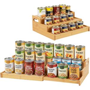 Expandable Bamboo Can Rack Organizer, 3 Tier Canned Food Storage Holder for Pantry, Adjustable Pantry Soda Can Organizer Shelf for Kitchen Spice, Countertop, Cat Food, Cabinet Storage Hold for 24 Cans