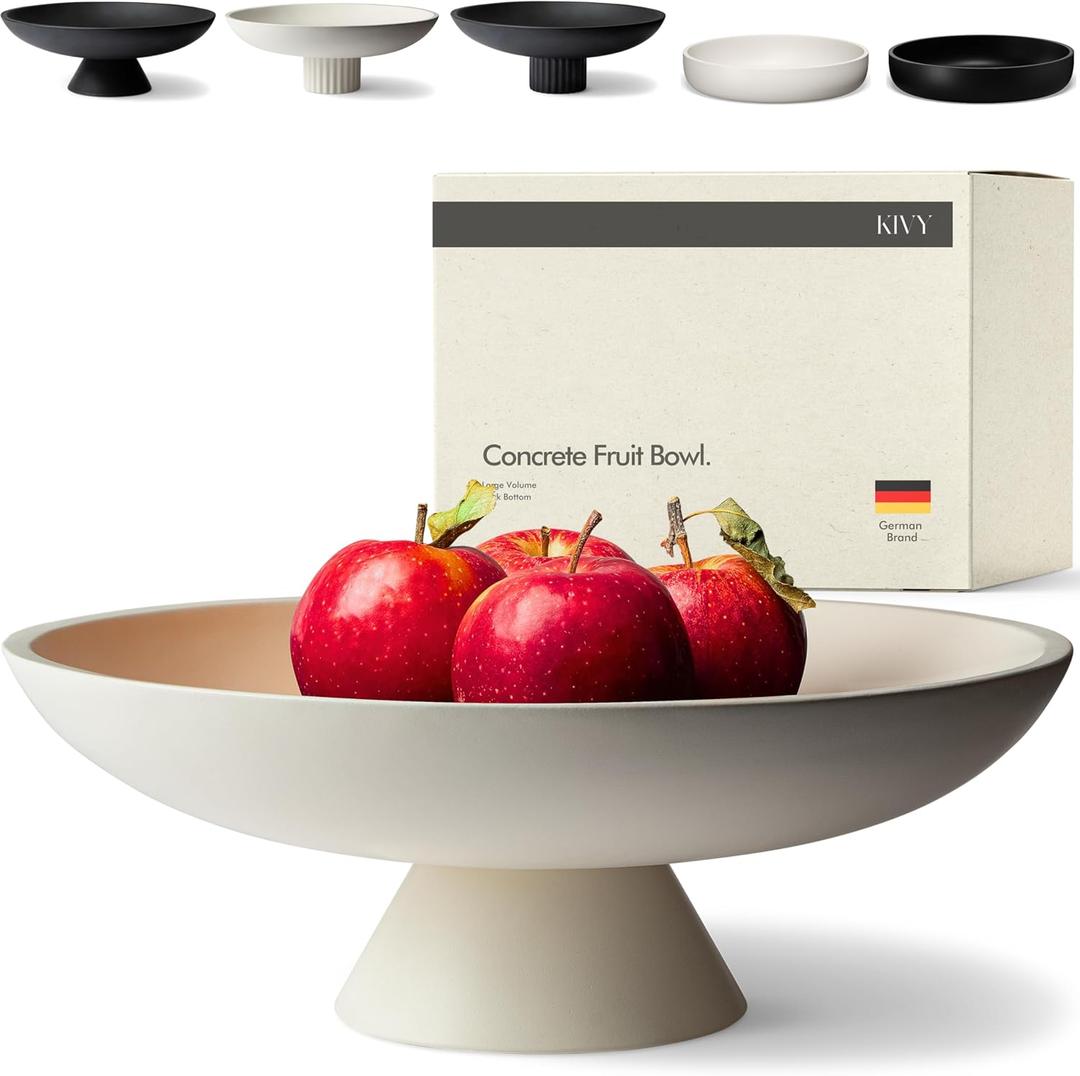 KIVY Concrete Fruit Bowl for Kitchen Counter - Large Decorative Bowl for Home Decor - Modern Fruit Basket for Entryway Table - Pedestal Bowl - Decorative Bowls for Home Decor - White Fruit Bowl Decor (Cream)