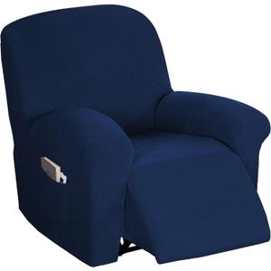 Flamingo P Stretch Recliner Chair Cover Recliner Cover for Electric/Manual Style | Furniture Cover for Reclining with Side Pocket, Soft Checked Jacquard Fabric Form Fitted Standard/Oversized - Navy
