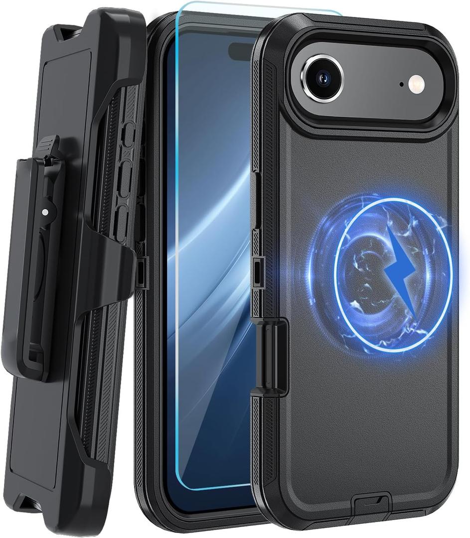 Magnetic for iPhone Air Case,with Belt Clip,[Compatible with Magsafe] W/Tempered Glass Screen Protector,Anti-Drop,Shockproof,Heavy Duty Protection (Black)