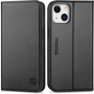 SHIELDON Case for iPhone 13, Genuine Leather Wallet Case with Kickstand RFID Blocking Credit Card Holder Shockproof Full Protection Magnetic Cover Compatible with iPhone 13 5G 6.1" - Black