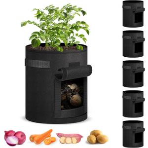 iPower Pack of 5 7-Gallon Potato Grow Bags Planter Pots with Handle, Access Flap and Visual Window, Easy to Harvest, Thickened Non-Woven Aeration Fabric Container for Tomato, Carrot, Fruits, Vegetables