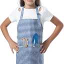 Kids Aprons for Cooking Waterdrop Resistant Aprons for Girl & Boy Toddler Apron for Painting, Gardening, Baking, Smock (Plaid Navy Blue, Medium (6-10 years)